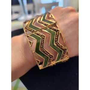 Green Aztec Geometric Modern Stretch Wide Bracelet Gold Tone